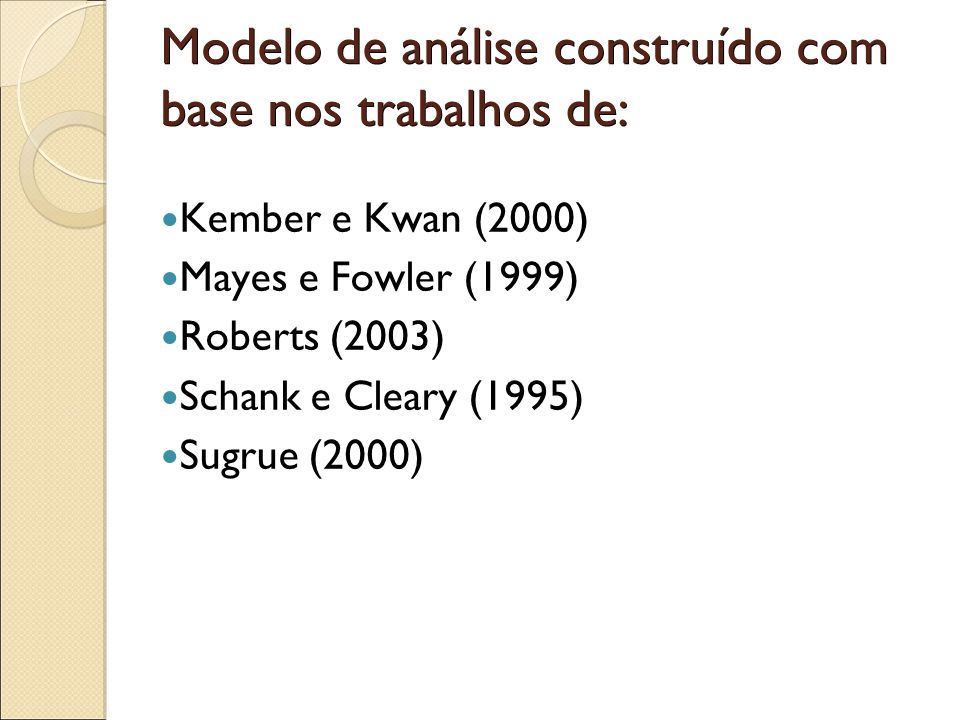 Modelo de análise construído com base nos trabalhos de: Kember e Kwan (2000) Mayes e Fowler (1999) Roberts (2003) Schank e Cleary (1995) Sugrue (2000)
