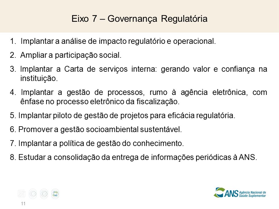 Eixo 7 – Governança Regulatória Implantar a análise de impacto regulatório e operacional.