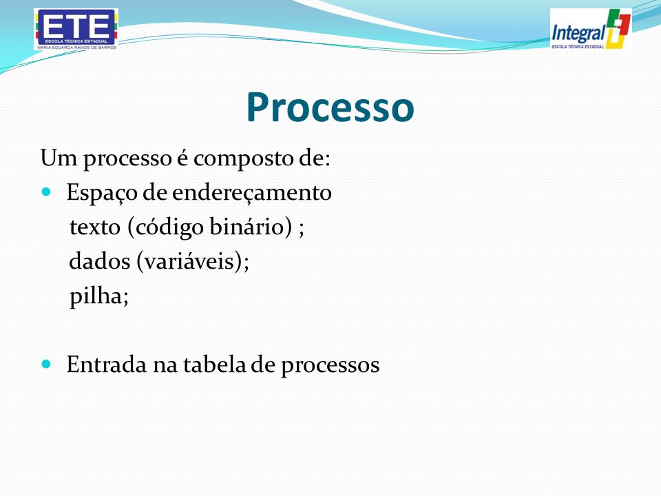 Processo Um processo é composto de: Espaço de endereçamento texto (código binário) ; dados (variáveis); pilha; Entrada na tabela de processos