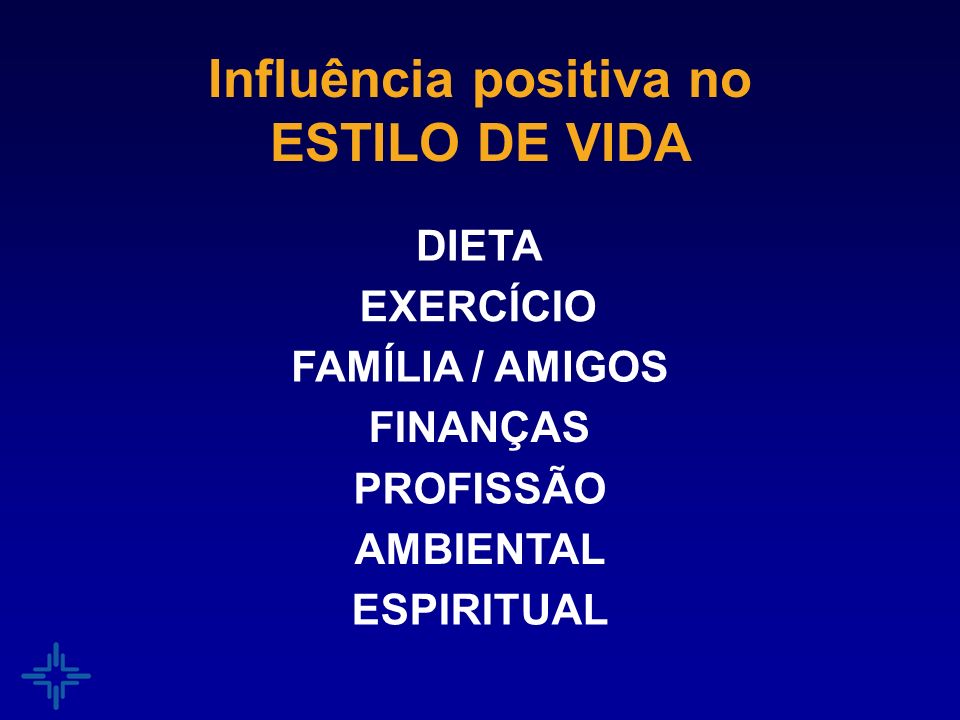 Influência positiva no ESTILO DE VIDA DIETA EXERCÍCIO FAMÍLIA / AMIGOS FINANÇAS PROFISSÃO AMBIENTAL ESPIRITUAL