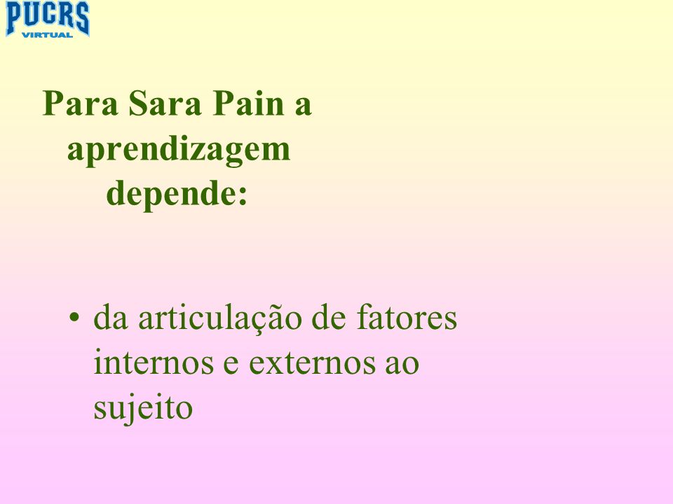 Para Sara Pain a aprendizagem depende: da articulação de fatores internos e externos ao sujeito