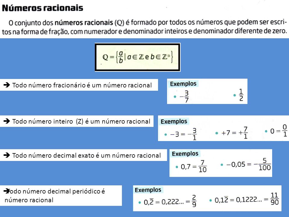  Todo número fracionário é um número racional  Todo número inteiro (Z) é um número racional  Todo número decimal exato é um número racional  Todo número decimal periódico é número racional