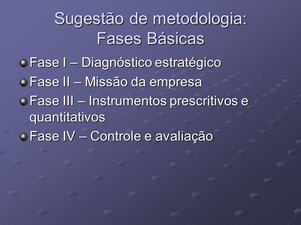Sugestão de metodologia: Fases Básicas Fase I – Diagnóstico estratégico Fase II – Missão da empresa Fase III – Instrumentos prescritivos e quantitativos Fase IV – Controle e avaliação