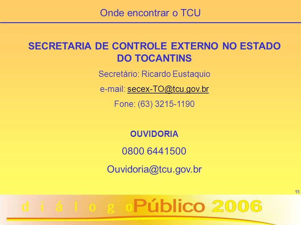 15 SECRETARIA DE CONTROLE EXTERNO NO ESTADO DO TOCANTINS Secretário: Ricardo Eustaquio   Fone: (63) OUVIDORIA Onde encontrar o TCU