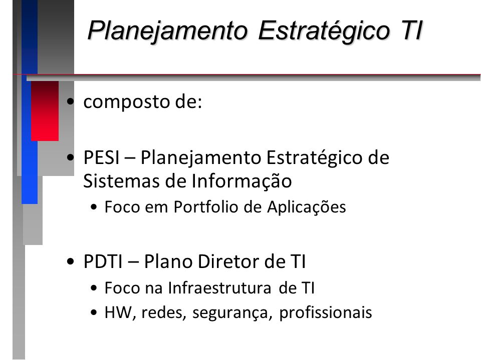 Planejamento Estratégico TI composto de: PESI – Planejamento Estratégico de Sistemas de Informação Foco em Portfolio de Aplicações PDTI – Plano Diretor de TI Foco na Infraestrutura de TI HW, redes, segurança, profissionais