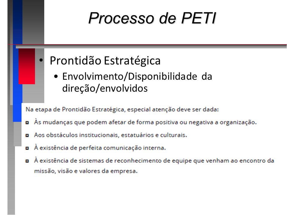Processo de PETI Prontidão Estratégica Envolvimento/Disponibilidade da direção/envolvidos