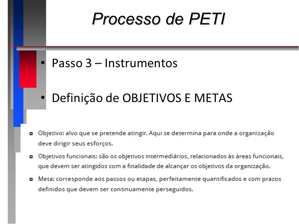 Processo de PETI Passo 3 – Instrumentos Definição de OBJETIVOS E METAS