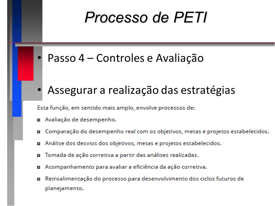 Processo de PETI Passo 4 – Controles e Avaliação Assegurar a realização das estratégias