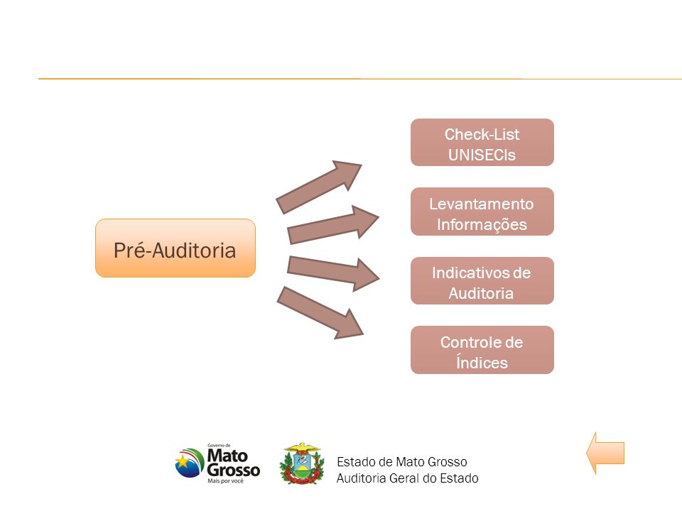 Pré-Auditoria Check-List UNISECIs Levantamento Informações Indicativos de Auditoria Controle de Índices Estado de Mato Grosso Auditoria Geral do Estado