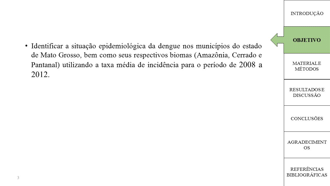 Identificar a situação epidemiológica da dengue nos municípios do estado de Mato Grosso, bem como seus respectivos biomas (Amazônia, Cerrado e Pantanal) utilizando a taxa média de incidência para o período de 2008 a 2012.