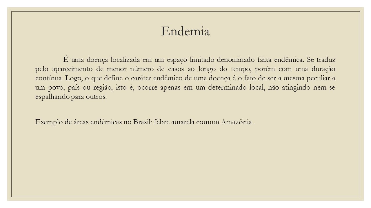 Endemia É uma doença localizada em um espaço limitado denominado faixa endêmica.