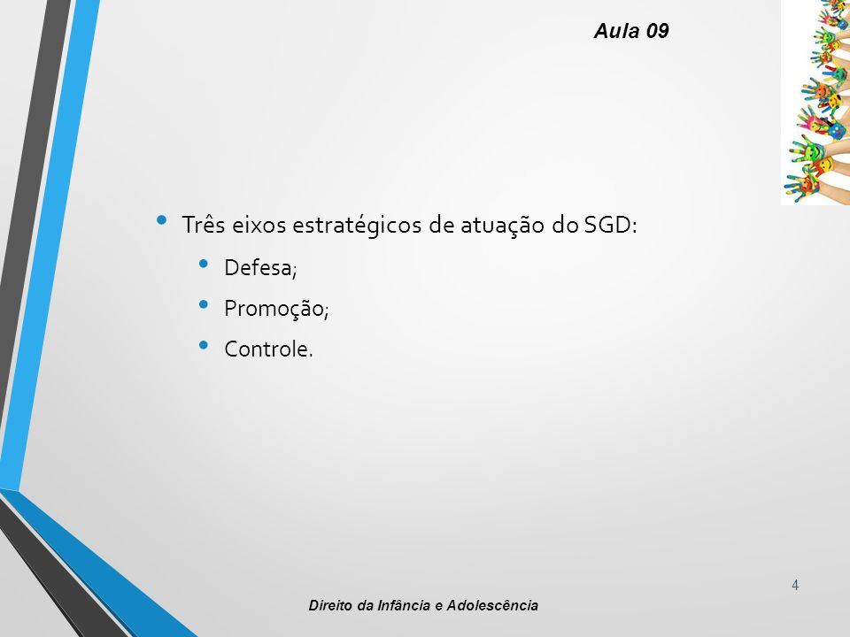 4 Aula 09 Direito da Infância e Adolescência Três eixos estratégicos de atuação do SGD: Defesa; Promoção; Controle.