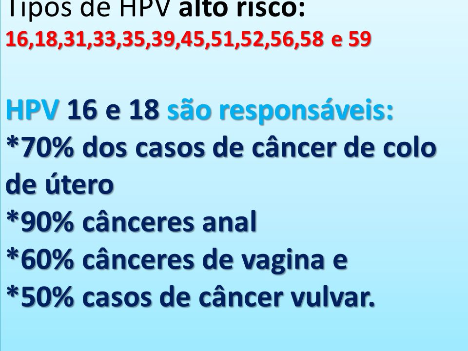 16,18,31,33,35,39,45,51,52,56,58 e 59 HPV 16 e 18 são responsáveis: *70% dos casos de câncer de colo de útero *90% cânceres anal *60% cânceres de vagina e *50% casos de câncer vulvar.