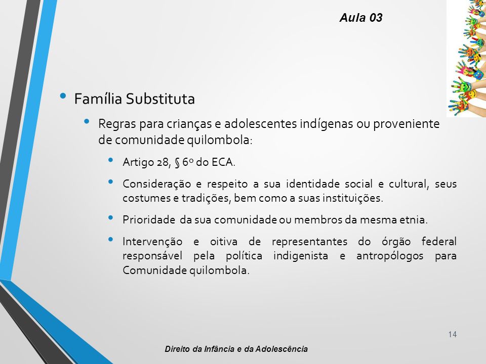 Família Substituta Regras para crianças e adolescentes indígenas ou proveniente de comunidade quilombola: Artigo 28, § 6º do ECA.