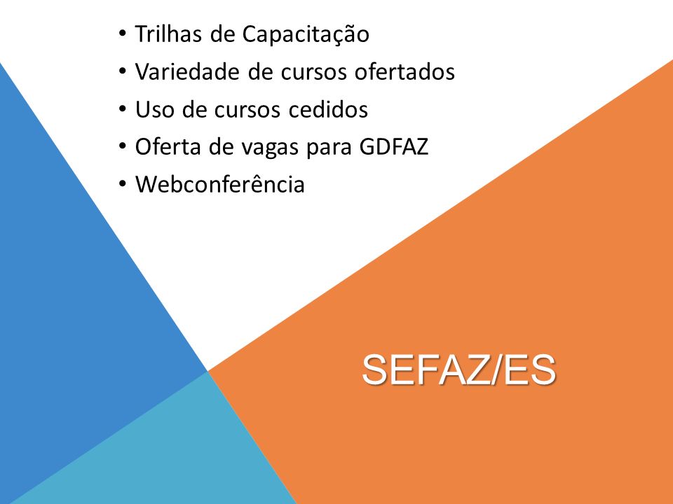 SEFAZ/ES Trilhas de Capacitação Variedade de cursos ofertados Uso de cursos cedidos Oferta de vagas para GDFAZ Webconferência
