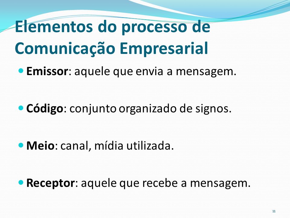 Elementos do processo de Comunicação Empresarial Emissor: aquele que envia a mensagem.