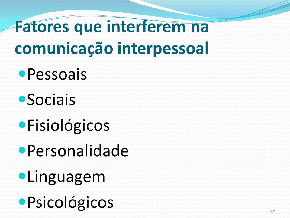 Fatores que interferem na comunicação interpessoal Pessoais Sociais Fisiológicos Personalidade Linguagem Psicológicos 20