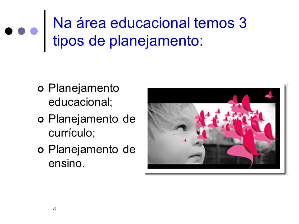 4 Na área educacional temos 3 tipos de planejamento: Planejamento educacional; Planejamento de currículo; Planejamento de ensino.