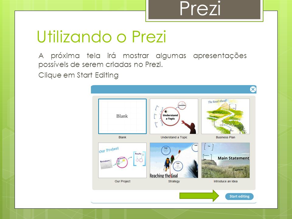 Prezi Utilizando o Prezi A próxima tela irá mostrar algumas apresentações possíveis de serem criadas no Prezi.