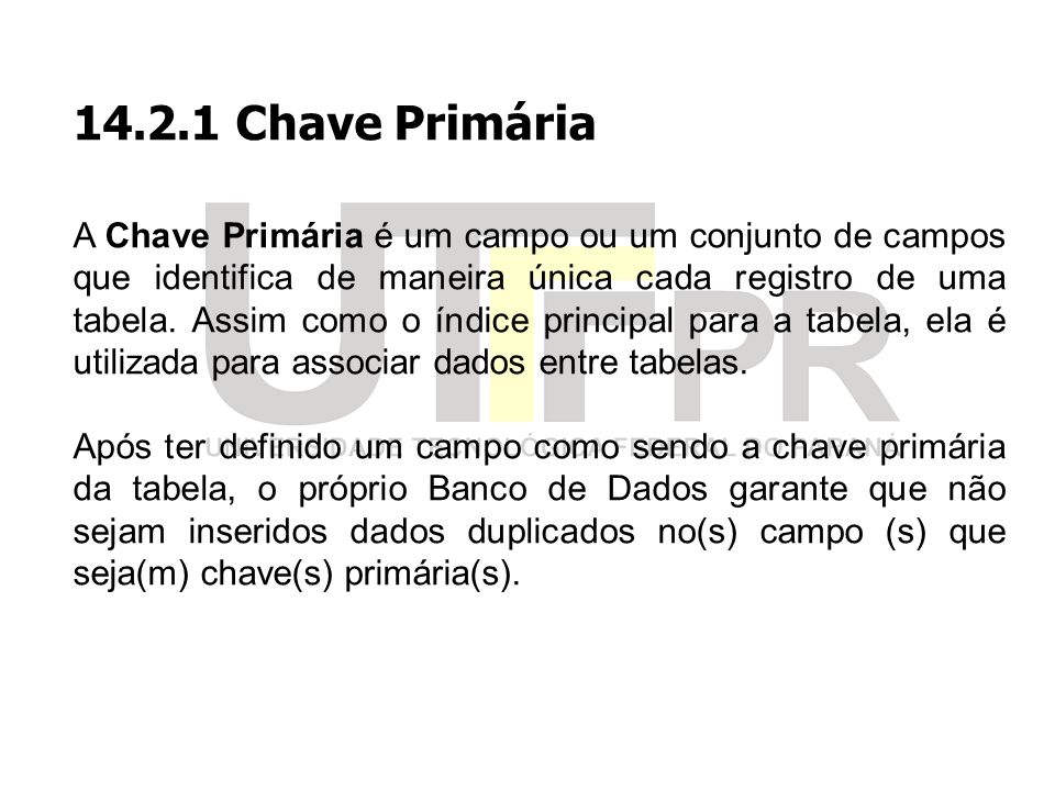 Chave Primária A Chave Primária é um campo ou um conjunto de campos que identifica de maneira única cada registro de uma tabela.