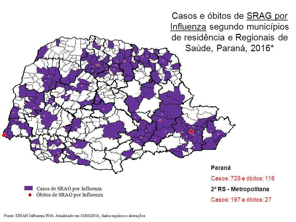 Casos e óbitos de SRAG por Influenza segundo municípios de residência e Regionais de Saúde, Paraná, 2016* 2ª RS - Metropolitana Casos: 197 e óbitos: 27 Paraná Casos: 725 e óbitos: 116