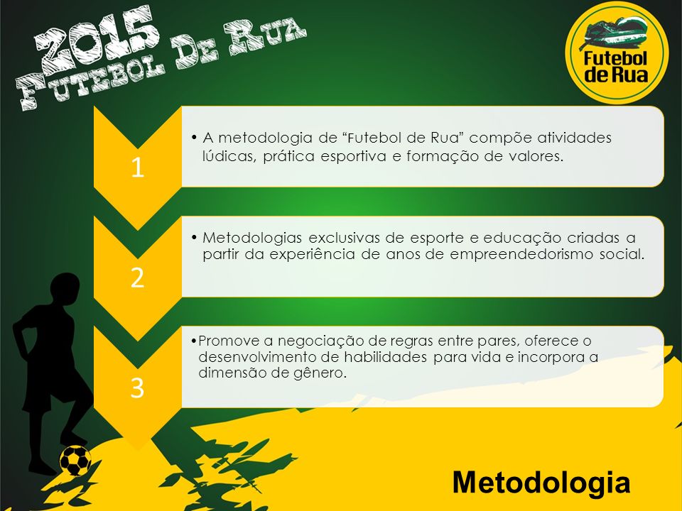 1 A metodologia de F utebol de Rua compõe atividades lúdicas, prática esportiva e formação de valores.