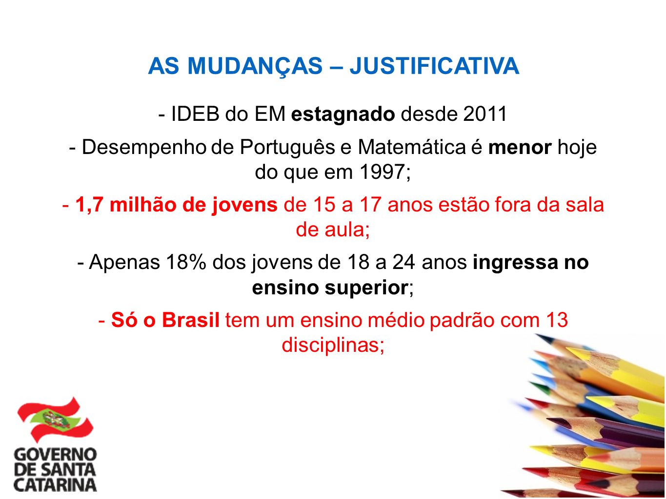 AS MUDANÇAS – JUSTIFICATIVA - IDEB do EM estagnado desde Desempenho de Português e Matemática é menor hoje do que em 1997; - 1,7 milhão de jovens de 15 a 17 anos estão fora da sala de aula; - Apenas 18% dos jovens de 18 a 24 anos ingressa no ensino superior; - Só o Brasil tem um ensino médio padrão com 13 disciplinas;