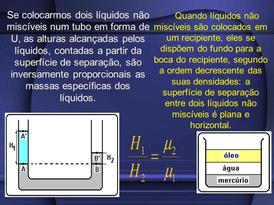 Se colocarmos dois líquidos não miscíveis num tubo em forma de U, as alturas alcançadas pelos líquidos, contadas a partir da superfície de separação, são inversamente proporcionais as massas específicas dos líquidos.