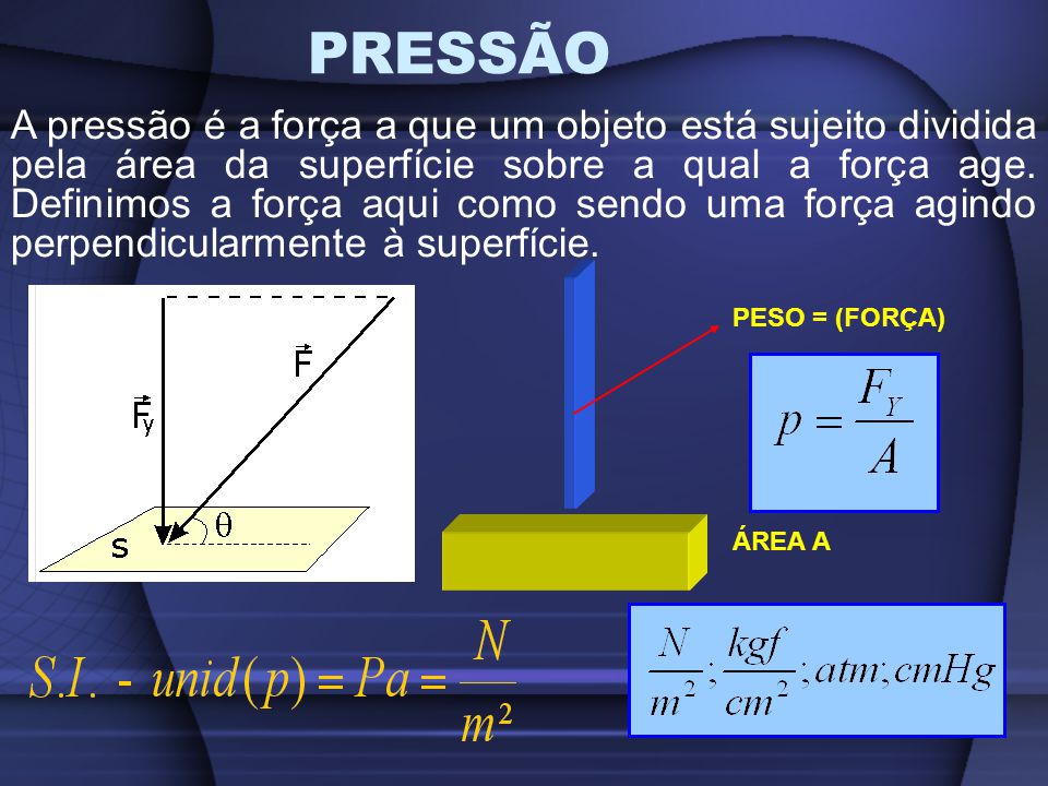 PRESSÃO A pressão é a força a que um objeto está sujeito dividida pela área da superfície sobre a qual a força age.