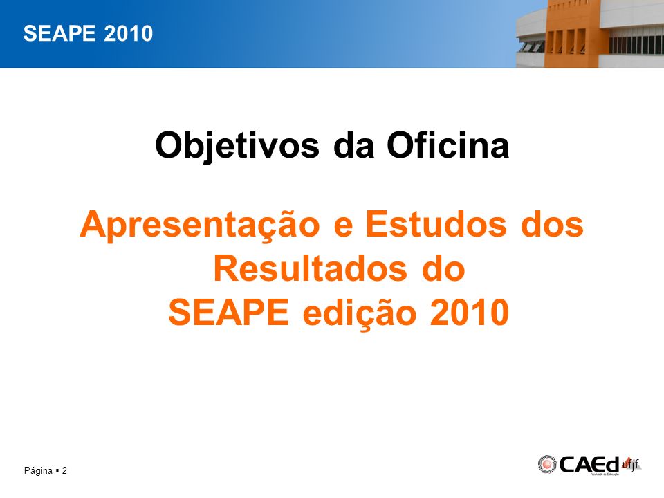 SEAPE 2010 Página  2 Objetivos da Oficina Apresentação e Estudos dos Resultados do SEAPE edição 2010