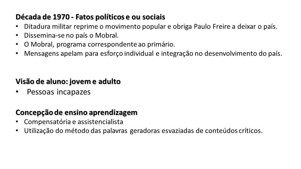 Década de Fatos políticos e ou sociais Ditadura militar reprime o movimento popular e obriga Paulo Freire a deixar o país.