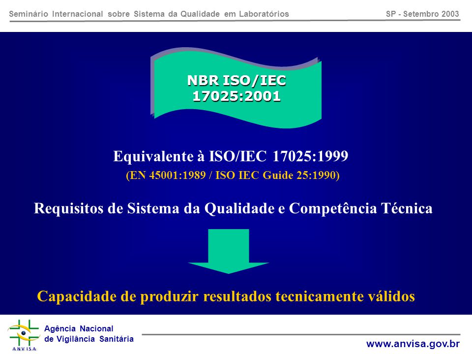 Agência Nacional de Vigilância Sanitária   Seminário Internacional sobre Sistema da Qualidade em Laboratórios SP - Setembro 2003