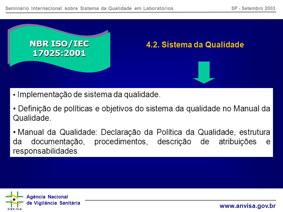 Agência Nacional de Vigilância Sanitária   Seminário Internacional sobre Sistema da Qualidade em Laboratórios SP - Setembro 2003 NBR ISO/IEC 17025: