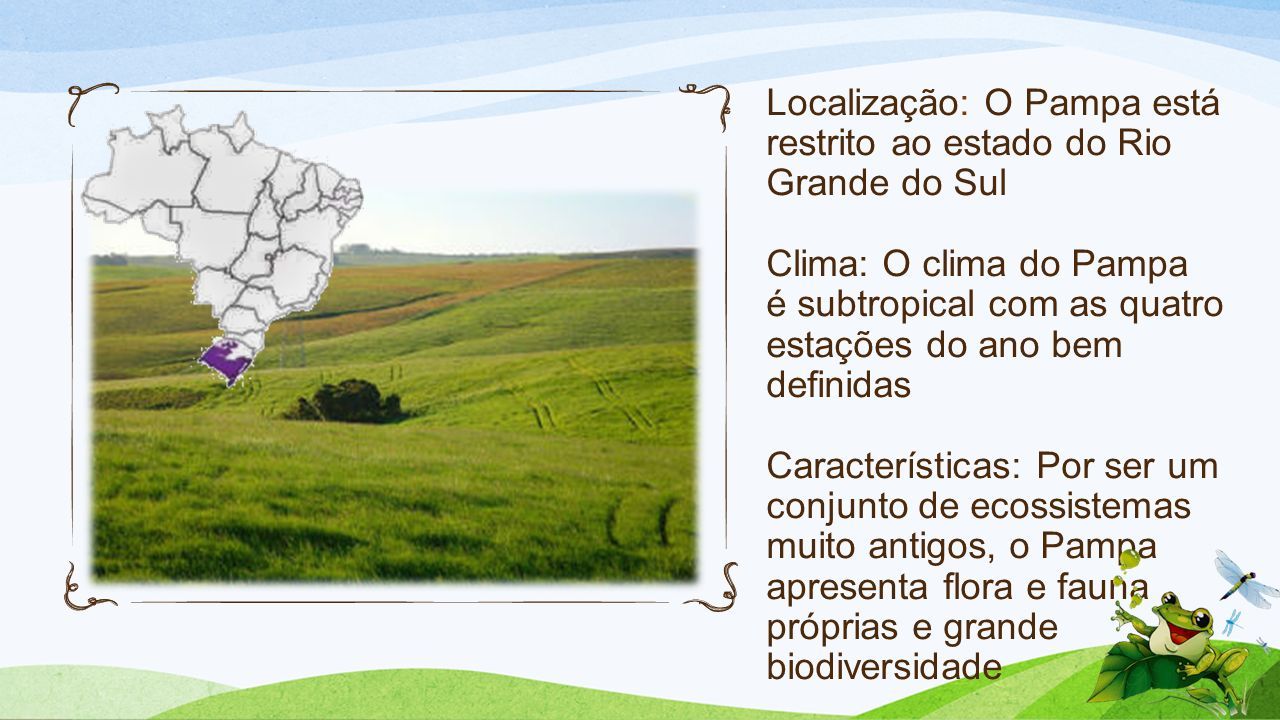Localização: O Pampa está restrito ao estado do Rio Grande do Sul Clima: O clima do Pampa é subtropical com as quatro estações do ano bem definidas Características: Por ser um conjunto de ecossistemas muito antigos, o Pampa apresenta flora e fauna próprias e grande biodiversidade