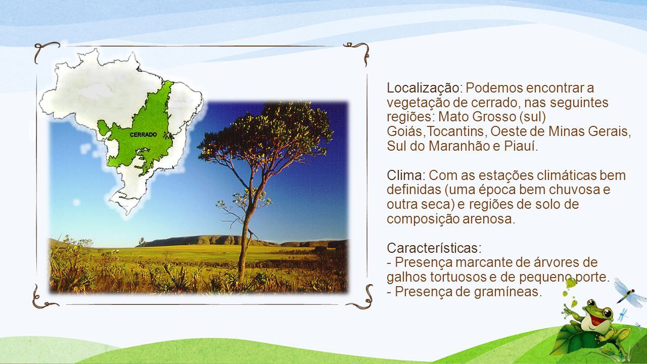 Localização: Podemos encontrar a vegetação de cerrado, nas seguintes regiões: Mato Grosso (sul) Goiás,Tocantins, Oeste de Minas Gerais, Sul do Maranhão e Piauí.
