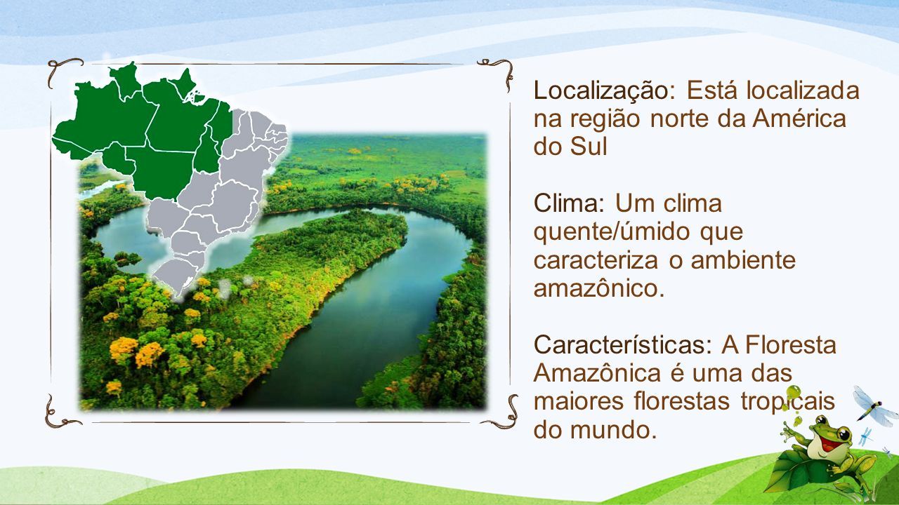 Localização: Está localizada na região norte da América do Sul Clima: Um clima quente/úmido que caracteriza o ambiente amazônico.