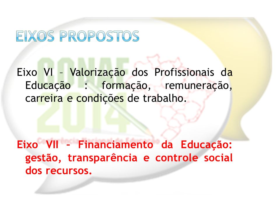 Eixo VI – Valorização dos Profissionais da Educação : formação, remuneração, carreira e condições de trabalho.