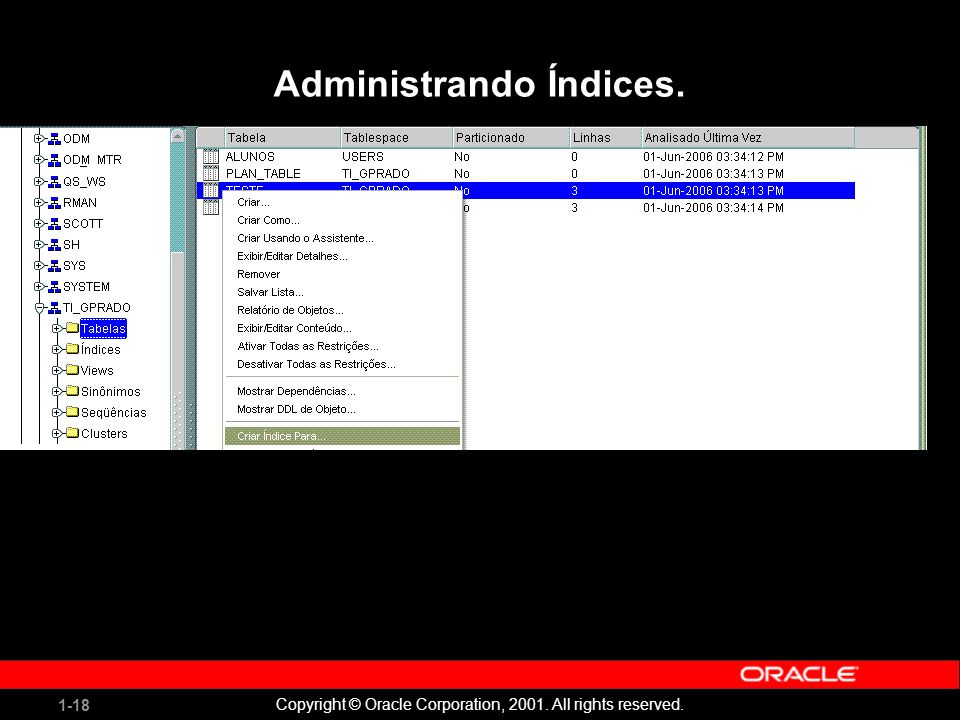 1-18 Copyright © Oracle Corporation, All rights reserved. Administrando Índices.