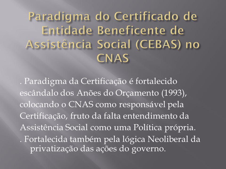 Paradigma da Certificação é fortalecido escândalo dos Anões do Orçamento (1993), colocando o CNAS como responsável pela Certificação, fruto da falta entendimento da Assistência Social como uma Política própria..
