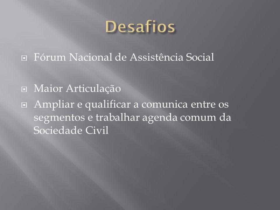  Fórum Nacional de Assistência Social  Maior Articulação  Ampliar e qualificar a comunica entre os segmentos e trabalhar agenda comum da Sociedade Civil